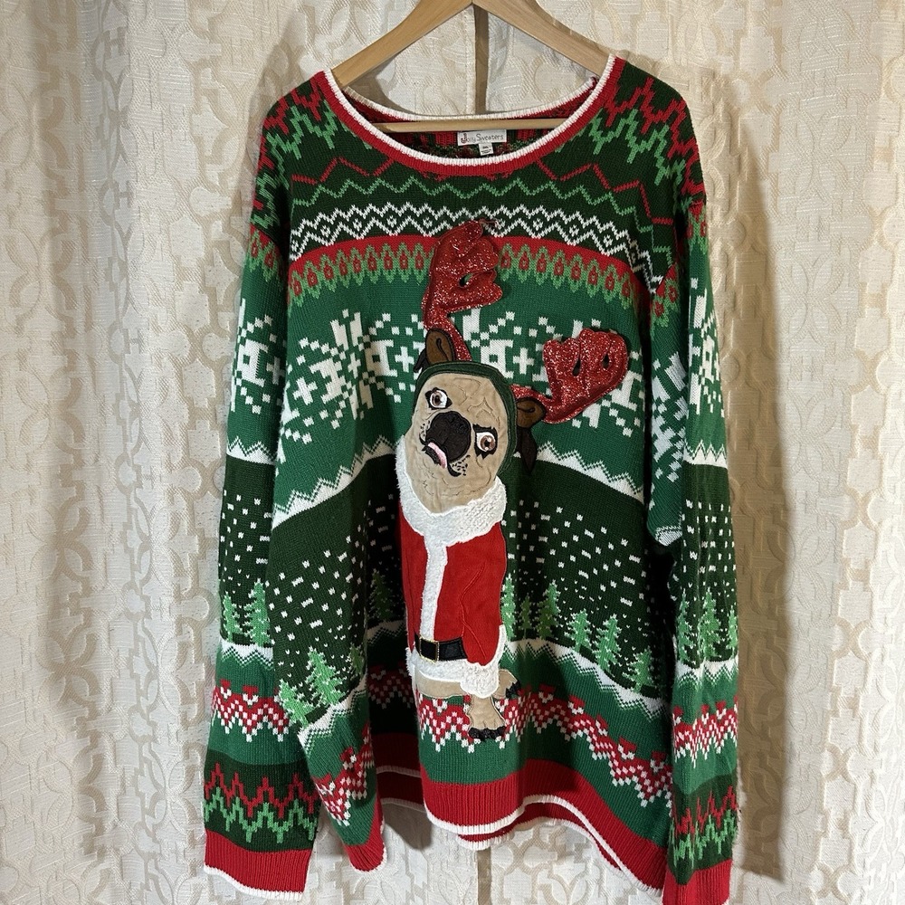 Jolly Ugly SweaterAdult Mens 3X Holiday Dog Antler Pug Christmas